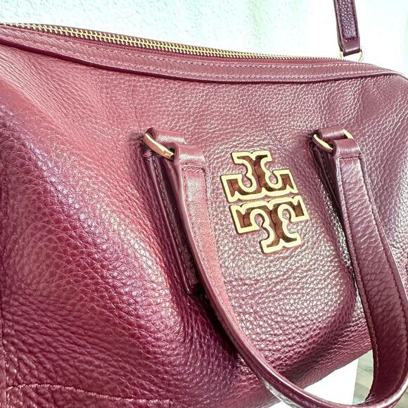 Tory Burch Britten Double Zip Doctor's Bag Dark Cherry Leather Gold Hardware - Picture 3 of 10